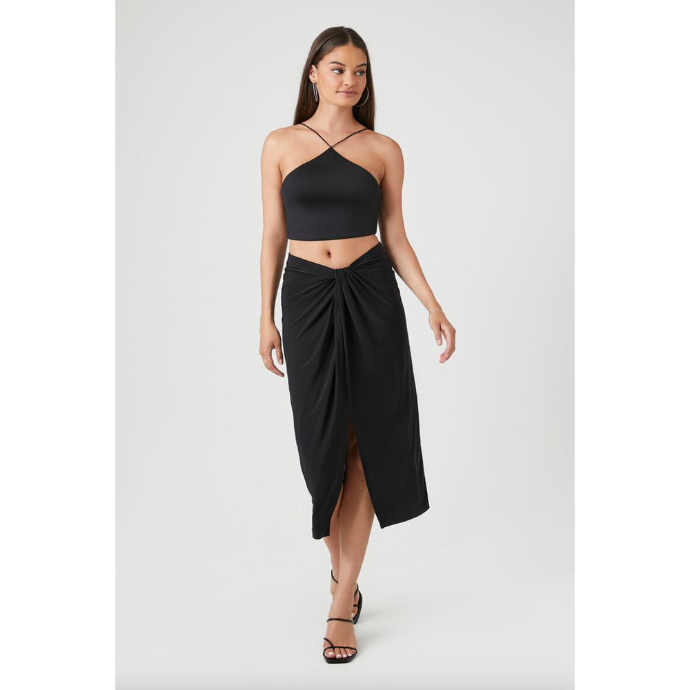 Forever 21 NWOT Rayon Blend Knotted Front Slit Stretch Maxi Skirt Black Sz Small